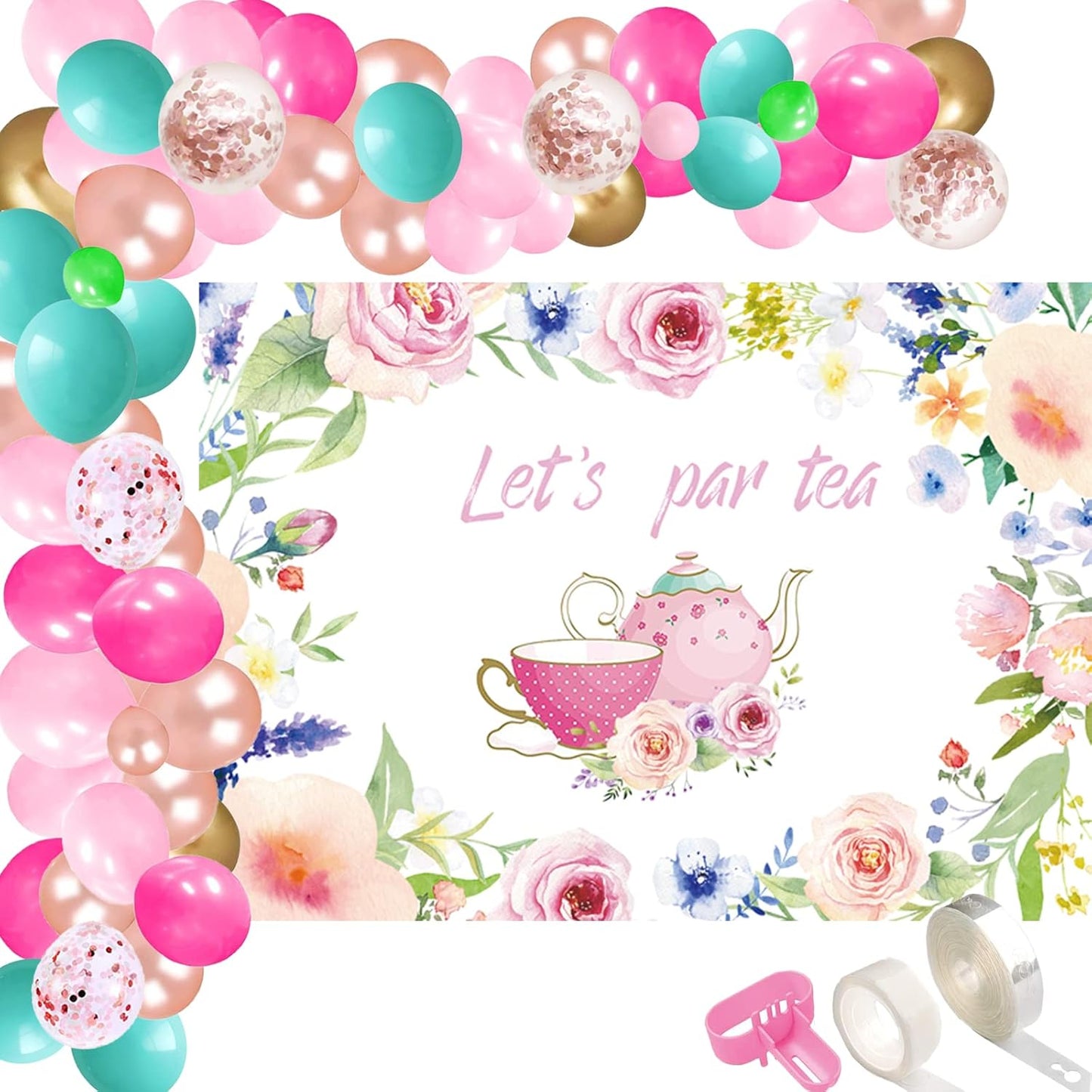 115 Pcs Let's Par Tea Party Supplies, 5x3 FT Floral Tea Time Photography Backdrop, Arch Garland Kit