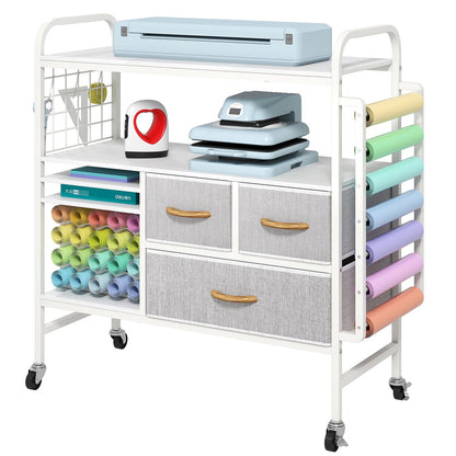 Hadulcet Large Heat Press Table with Storage - Rolling Craft Cart Organizer, Vinyl Roll Holder & Cricut-Compatible Workstation for DIY Sublimation, T-Shirt, Cap, Mug Projects (White)