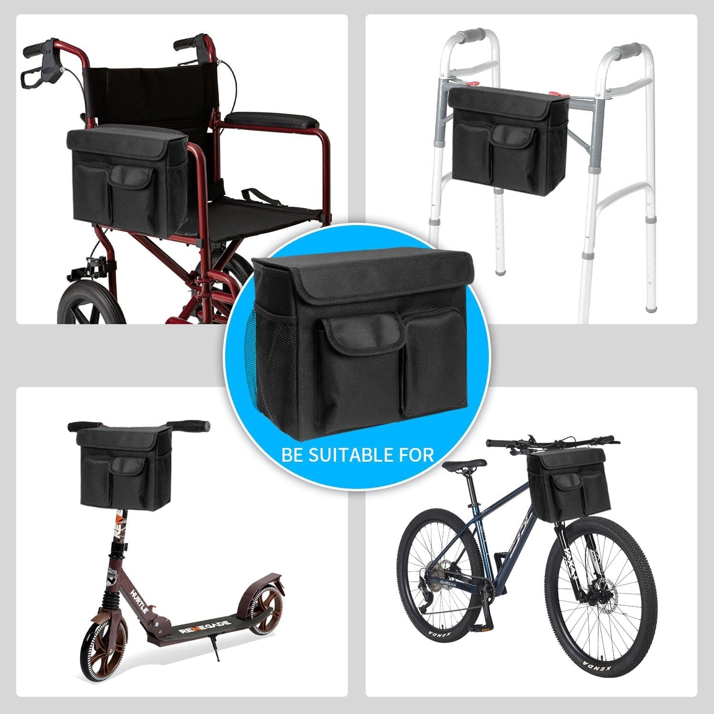 Electric Scooter Basket - Convenient Mobility Scooter Bag With 14-In Laptop Pocket and Cup Holders, Easy Installation for Bike, Mobility Scooter Accessories for Adults