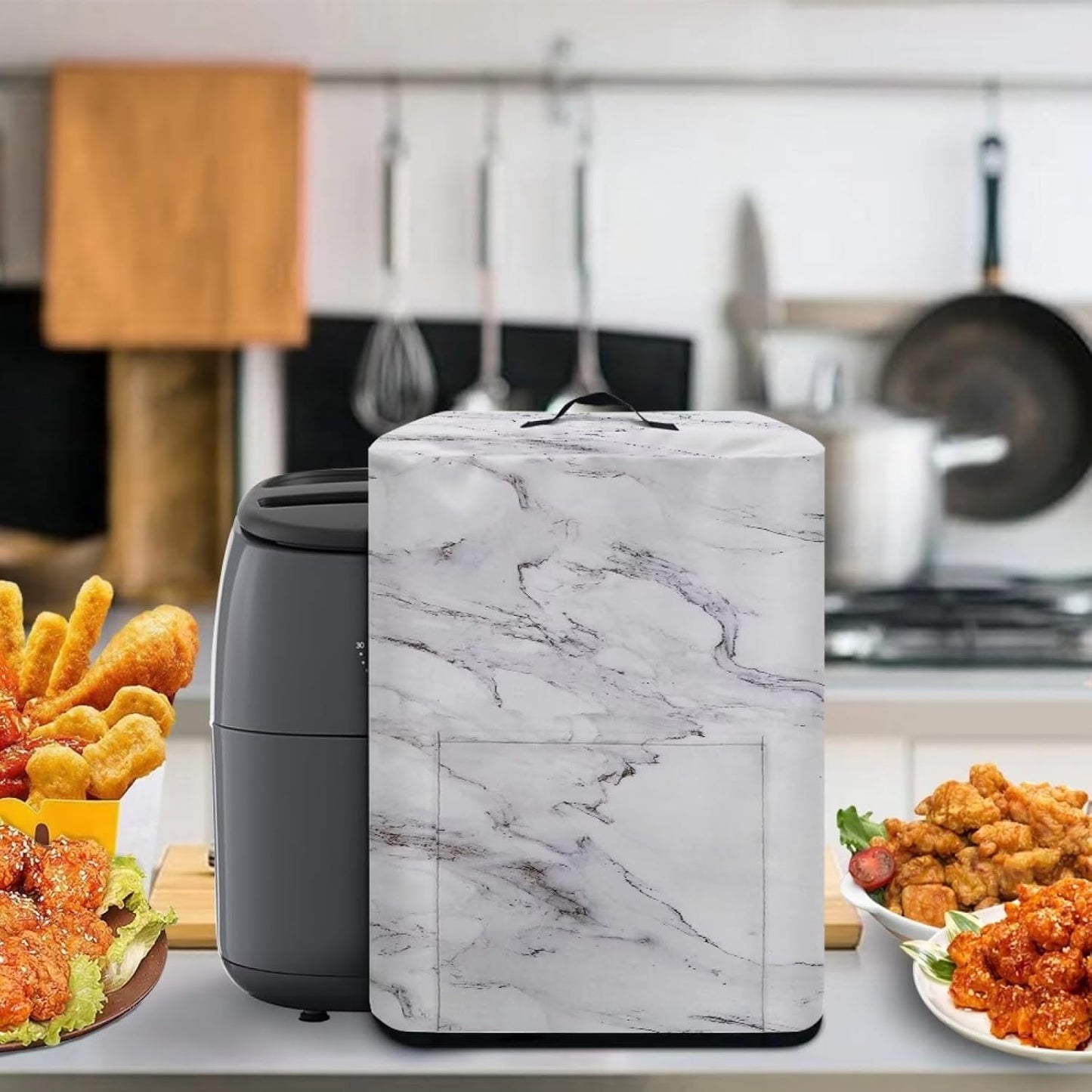 Air Fryer Cover, Insulated Dust Protection Kitchen Appliance Cover with Front Pockets and Top Handle, White Marble Gift
