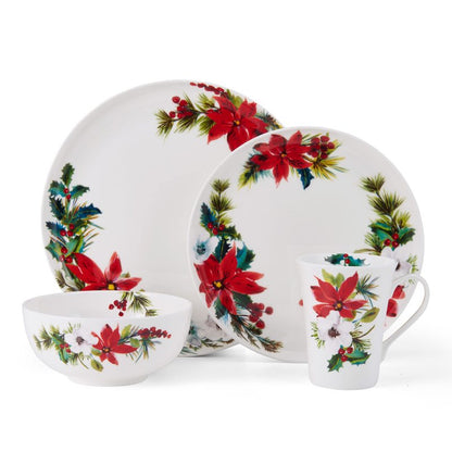 Mikasa Hope Joy Holiday Poinsettia Bone China Lightweight Chip Resistant 16 Piece Dinnerware Set, Service for 4, Multicolor