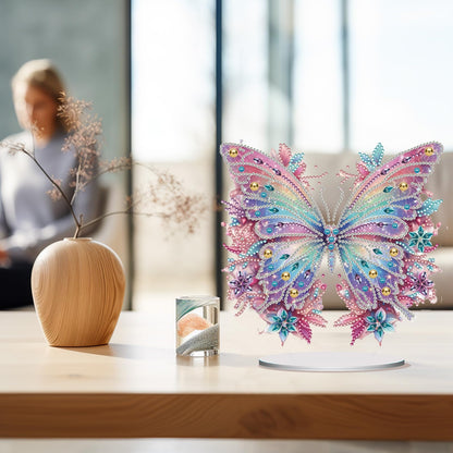 ACSAUMMY 5D Diamond Art Kits for Adults, Diamond Art Painting Desktop DIY Diamond Art Tabletop Pink Butterfly Diamond Arts and Crafts for Kids Adults Stand Up Gem Painting Kit for Decoration