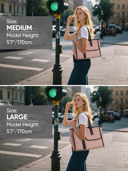 BALEINE Large Utility Tote Bag with Reinforced Bottom, Multi-Pockets and Top Zipper Closure, Perfect for Teachers, Nurses, Travel, Work - Water-Resistant (Medium, Pink)