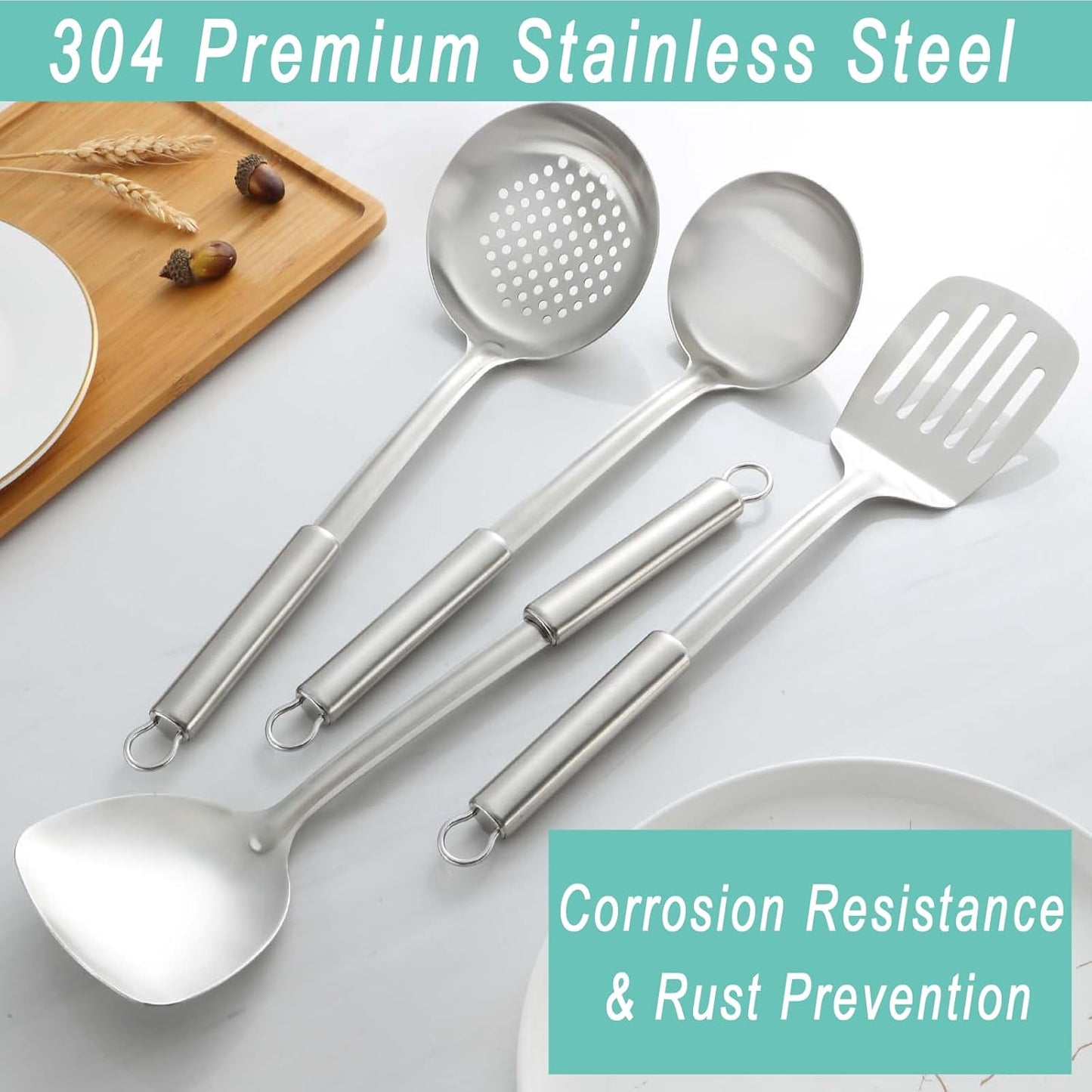 Pleafind 4-Pcs Cooking Utensils Set, Stainless Steel Kitchen Utensils for Wok, Dishwasher Safe