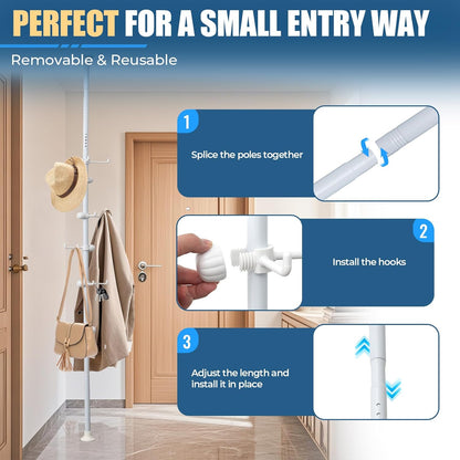 12 Corner Coat Rack - Hook Tension Rod Plant Stand Stainless Steel Organizer for Coats, Towels, Plants & More, No