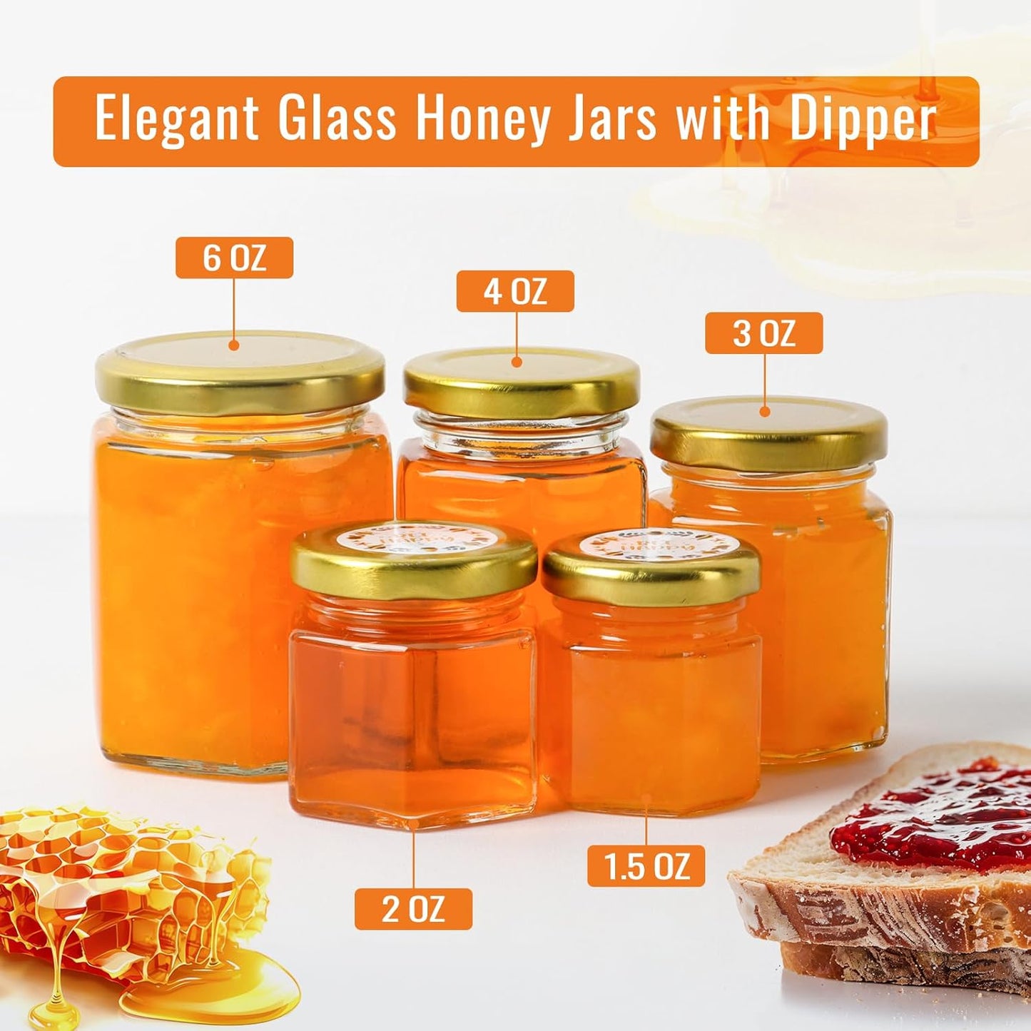 48 Pack 2 oz EkkoVla Hexagon Mini Glass Honey Jars, Small Honey Jars with Golden Lids, Wooden Dipper, Bee Pendants