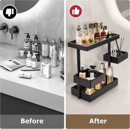 Bathroom Counter Organizer, 3 Tier Rotating Vanity Storage Cabinet, Wooden Cosmetic Holder for Countertop, Kitchen