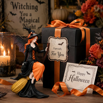 Comfy Hour 8" Gothic Fairy Witch Figurine on Broom, Fantasy Sorceress Statue with Mystical Wings, Spooky Halloween Indoor Decor Accent, Polyresin Artisan Crafted Sculpture, 1 Unit