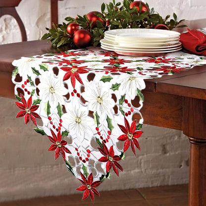 OurWarm Christmas Table Runners, Embroidered Poinsettia Holly Leaf Table Linens, 15 x 70 Inch