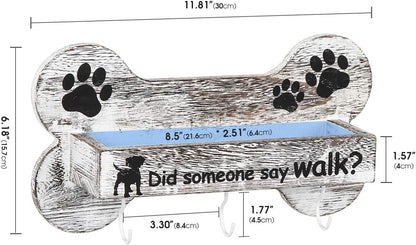 J JACKCUBE DESIGN Rustic White Bone Shape Wall Mounted Dog Leash Holder - 3 Key Holder Hooks and Extra Storage Box