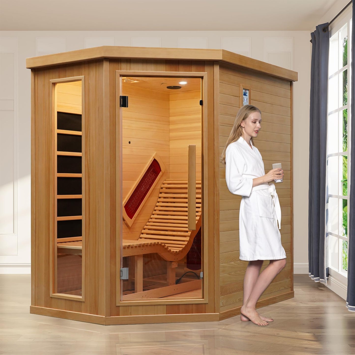 Smartmak Far Infrared Single Recliner Wooden Sauna,Home Indoor Canadian Hemlock Wooden Sauna,with 6 Heaters,Oxygen Bar,LED Controller,Bluetooth,Color Therapy Light(220V, 2300W)