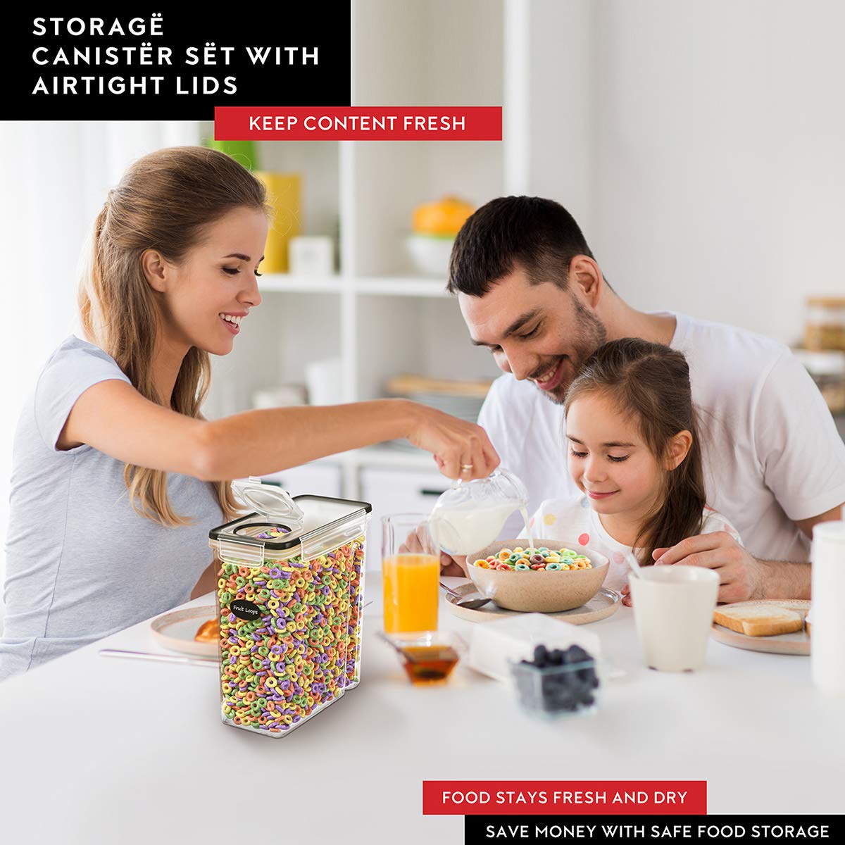 DWËLLZA KITCHEN Cereal Containers Storage 4L Set of 4 Airtight Food Storage Containers with Lids Cereal Dispenser Countertop Pantry Organization Canister for Rice Flour & Sugar 1 Marker 8 Labels