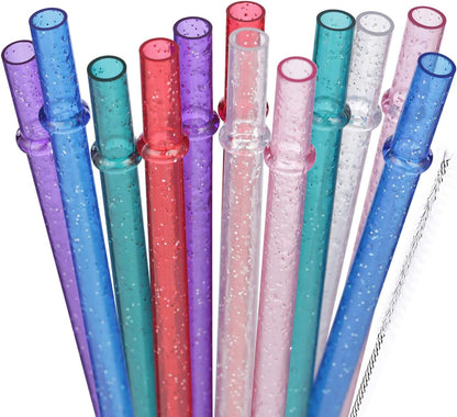 Dakoufish 12 Piece 12 Inch Glitter Sparkle Reusable Straws, Food Grade Tritan Material with Cleaning Brush