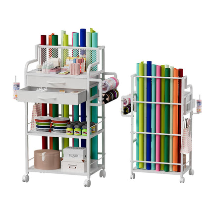 Rolling Craft Storage Cart with 2 Fabric Drawers & Lockable Wheels, Wrapping Paper & Gift Wrap Organizer with Ribbon & Tape Holder for Craft Supplies