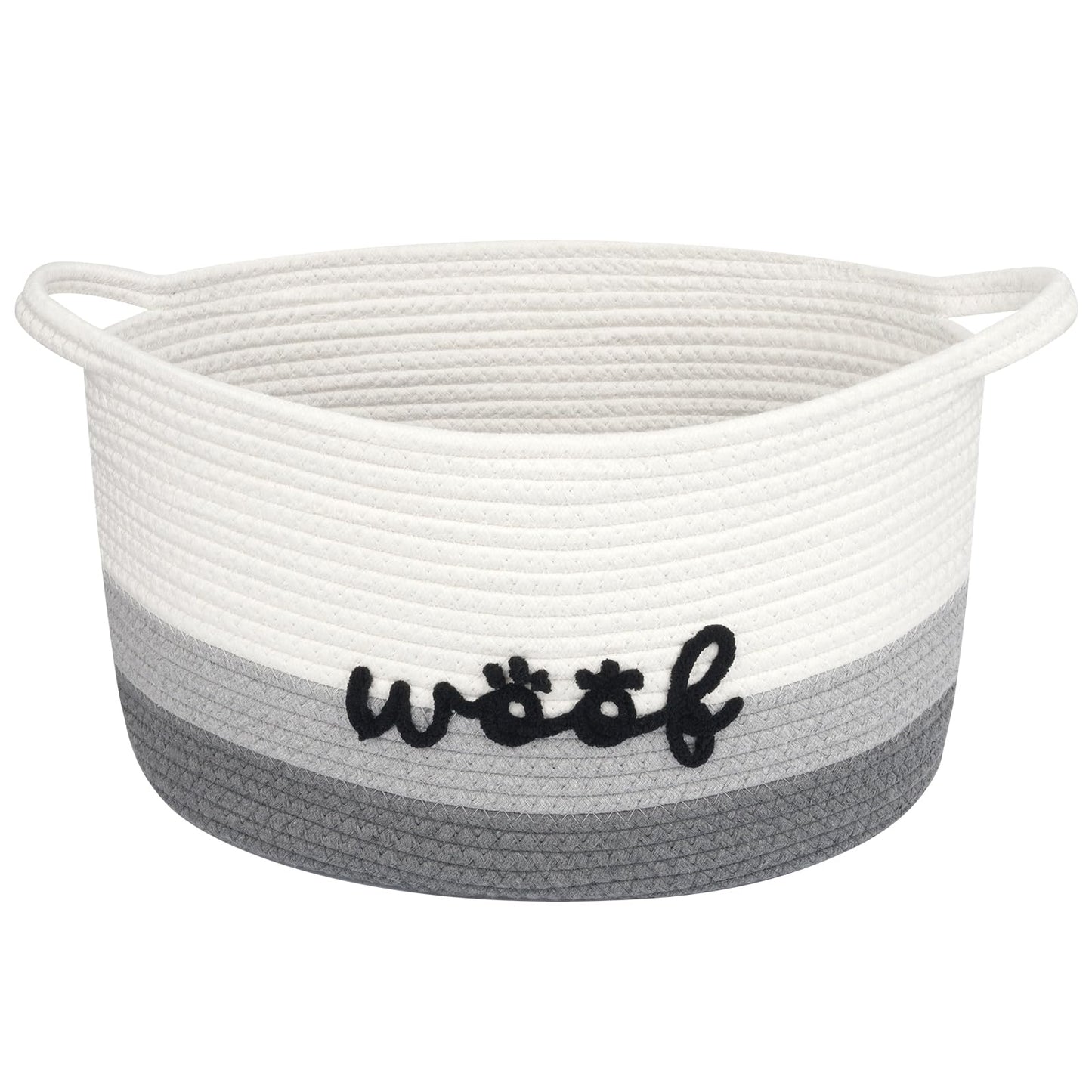 JEROKUMI Dog Toy Basket Cute Basket for Baby, Woven Basket Toy Box and Bin for Pet Cat, 15" X 10" X 9" (22L) Large Rope Basket for Blanket Storage, Living Room, Bedroom, White Gray