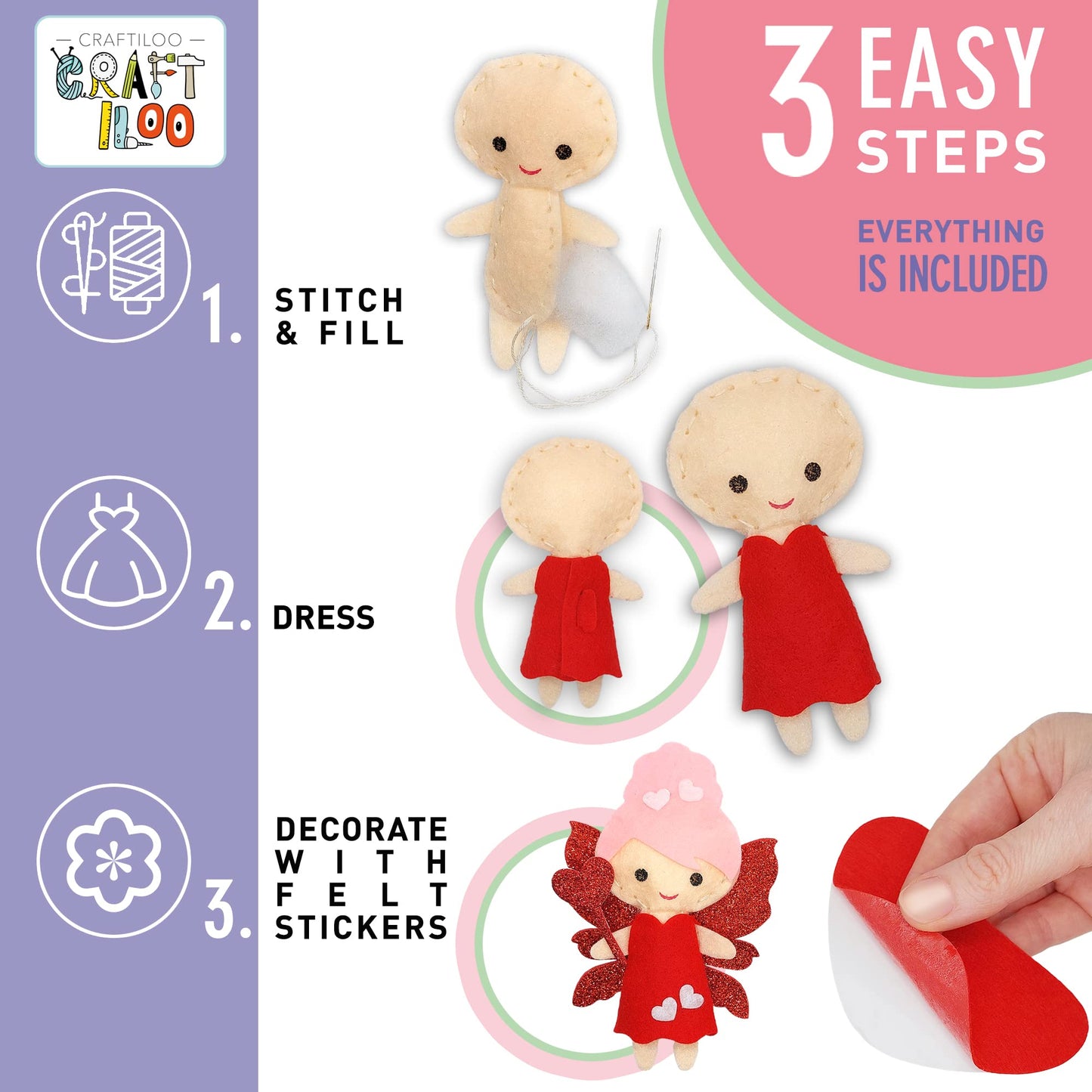 CRAFTILOO Fairy Sewing Kit for Kids Ages 5-12 – Beginner Sewing Kit with 5 Pre-Cut Felt Projects – Make Your Own Stuffed Animal Plush Dolls – Fun Girls Craft Kit, Learn to Sew Gift for Kids