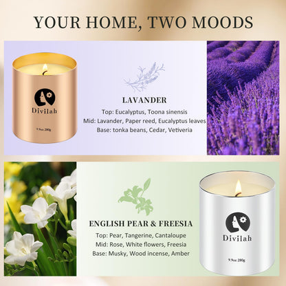 Divilah Scented Candles Set 4 Pack, Lavender & English Pear Freesia, 260H Burn Long-Lasting Natural Soy Wax Candles with Essential Oils for Home Relaxation, Stress Relief, Gifts for Women & Men, 39oz