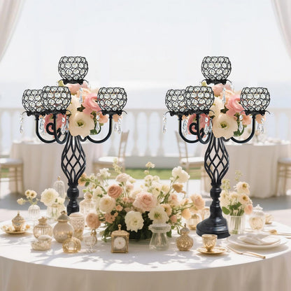 Kehail 5-Arm Crystal Candelabra Centerpiece 23.2" Tall - Elegant Candle Holder Stand with Crystal Bowl, Chic Table Decor for Weddings, Parties, Anniversary & Home Decoration (4, Black)