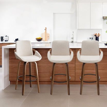 LUNLING 25.6" Counter Height Barstools Set of 3 Mid Century Modern Retro Bar Chairs Charcoal Beige Linen Look Fabric Upholstered and Walnut Wood Frame for Home Bar Furniture,Beige,3PCS
