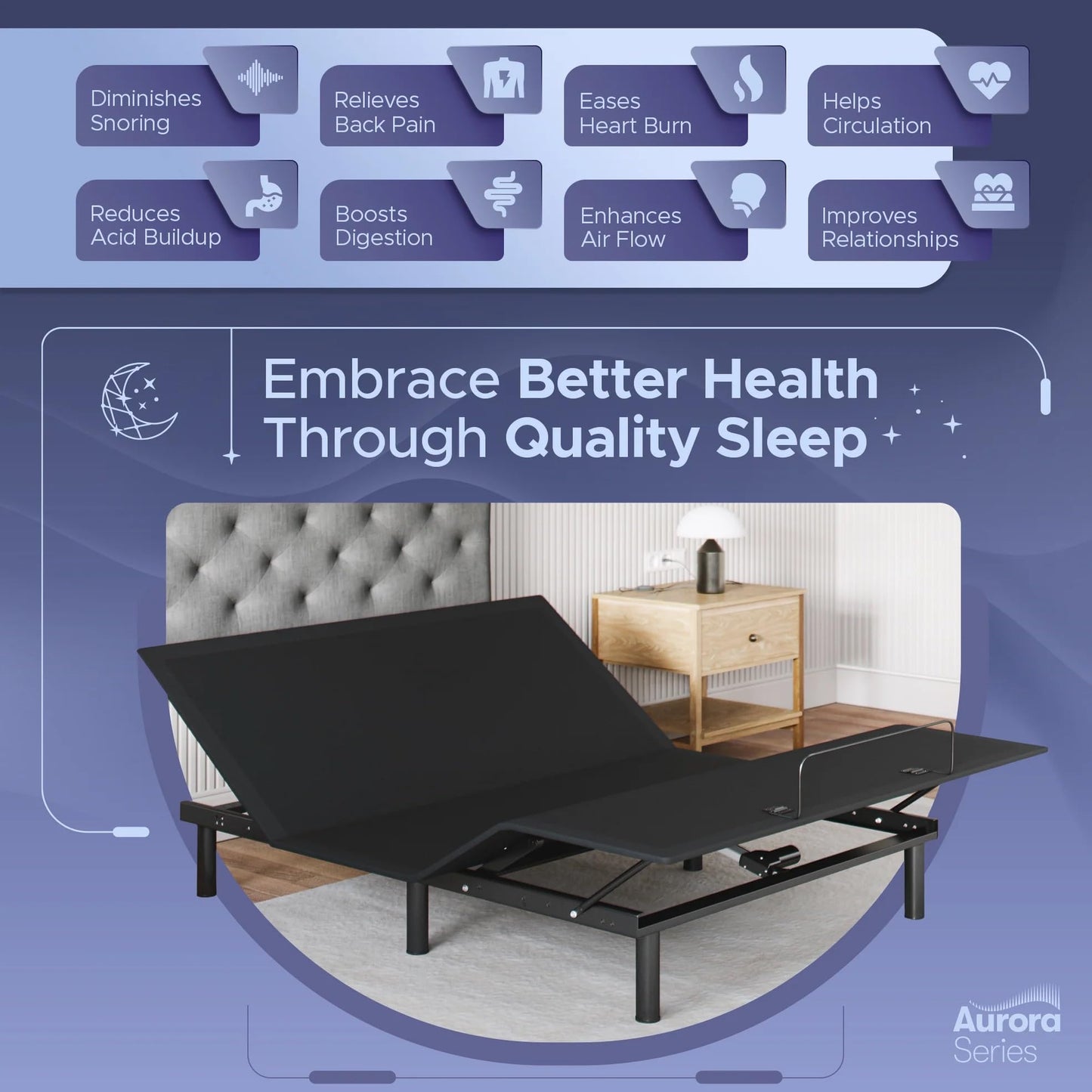 Celestial Sleep Aurora Adjustable Bed Base (Frame Only), Easy Assembly, Head and Foot Lift, Zero Gravity, Memory Positions - Queen