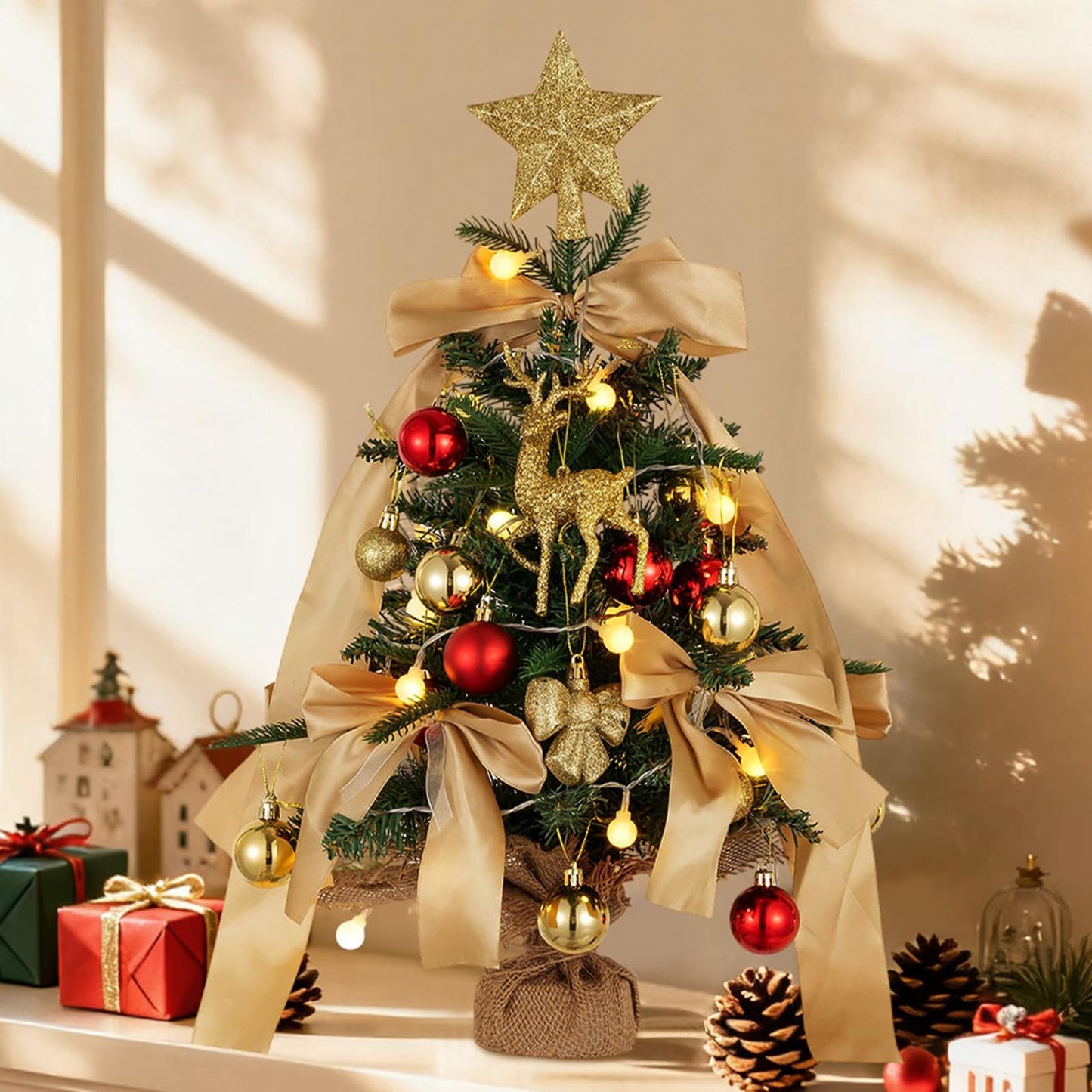 BLOSMON Small Christmas Tree with Lights: 2ft Mini Table Top Christmas Tree with 25 LEDs Timer Gold Ribbon Bow Reindeer for DIY- Lighted Artificial Xmas Trees for Home Office Desk
