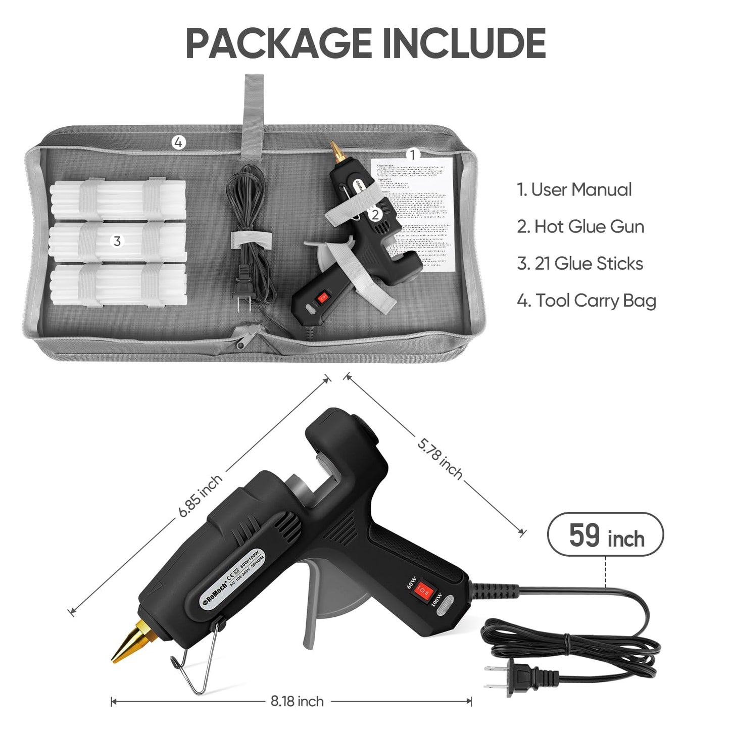 ROMECH Full Size Hot Glue Gun with 60/100W Dual Power and 21 Hot Glue Sticks (7/16"), Fast Preheating Heavy Duty Industrial Gluegun with Storage Case for Crafting, DIY and Repairs (Black)