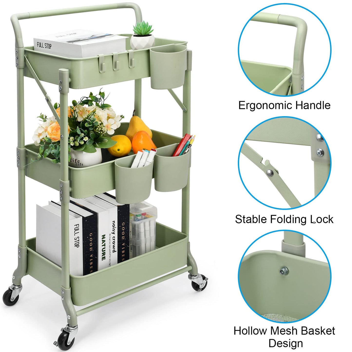 Foldable 3 Tier Rolling Cart, Metal Utility Cart, Folding Mobile Multi-Function Storage Trolley Organizer Cart for Home Library Office(Green)