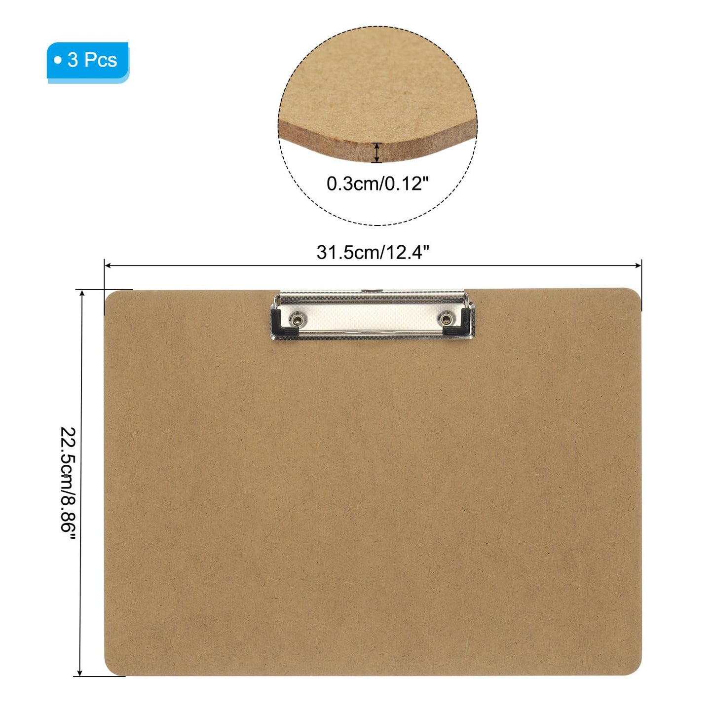 PATIKIL 8.9 x 12.4" Horizontal Clipboard, 3 Pcs Extra Large Landscape Layout Hardboard with Low Profile Clip, Paper Legal Size Board for Lap, Drawing, Sketching, Office,Brown