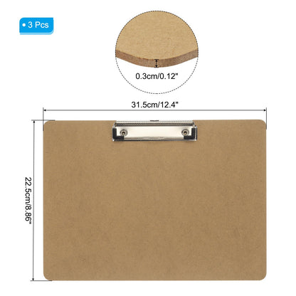 PATIKIL 8.9 x 12.4" Horizontal Clipboard, 3 Pcs Extra Large Landscape Layout Hardboard with Low Profile Clip, Paper Legal Size Board for Lap, Drawing, Sketching, Office,Brown
