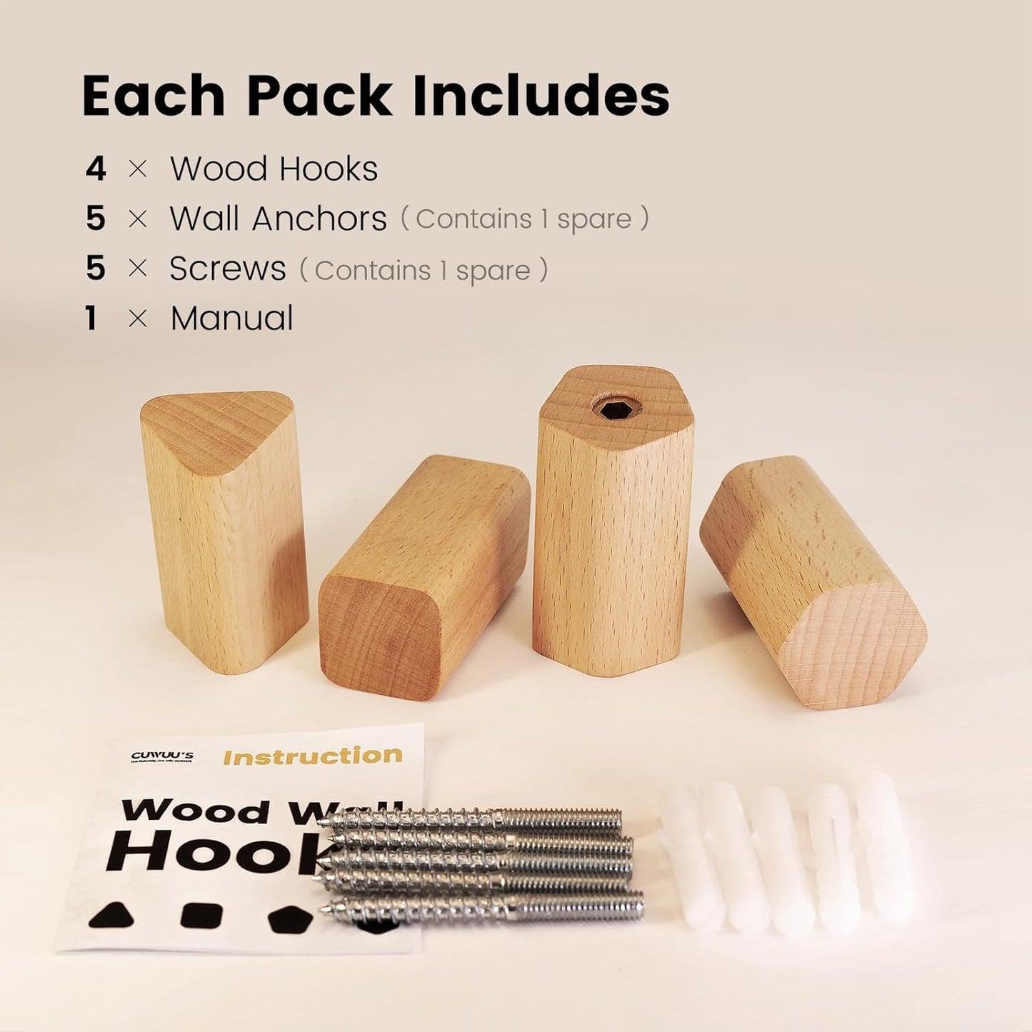 cuwuu's Modern Wood Wall Hooks, 4 Pack Natural Wooden Coat Hooks for Bathroom Entryway