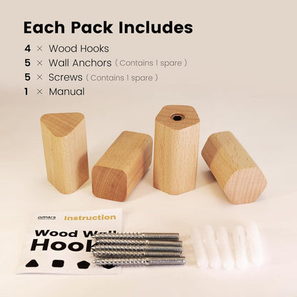 cuwuu's Modern Wood Wall Hooks, 4 Pack Natural Wooden Coat Hooks for Bathroom Entryway