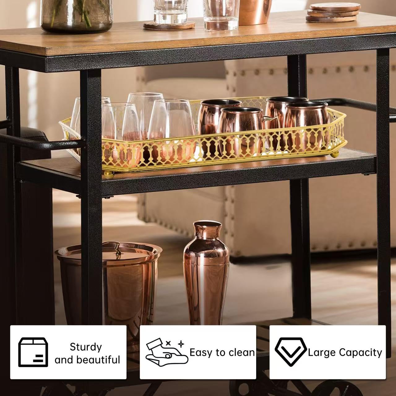 Bar Cart Tray, Decorative Mirrored Tray with Handles, Large Capacity Organizer, Gold