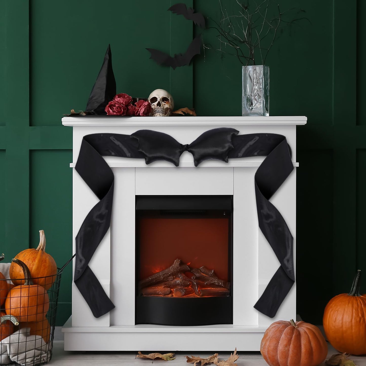 Suncalla Large Halloween Fireplace Decor Bat Bow Mantel Scarf 123 x 6 Inch Big Black Bow Decor for Halloween Party Door Window Fireplace