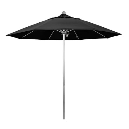 California Umbrella 9' Round Aluminum/Fiberglass Umbrella, Push Open, Silver Pole, Olefin Black Fabric
