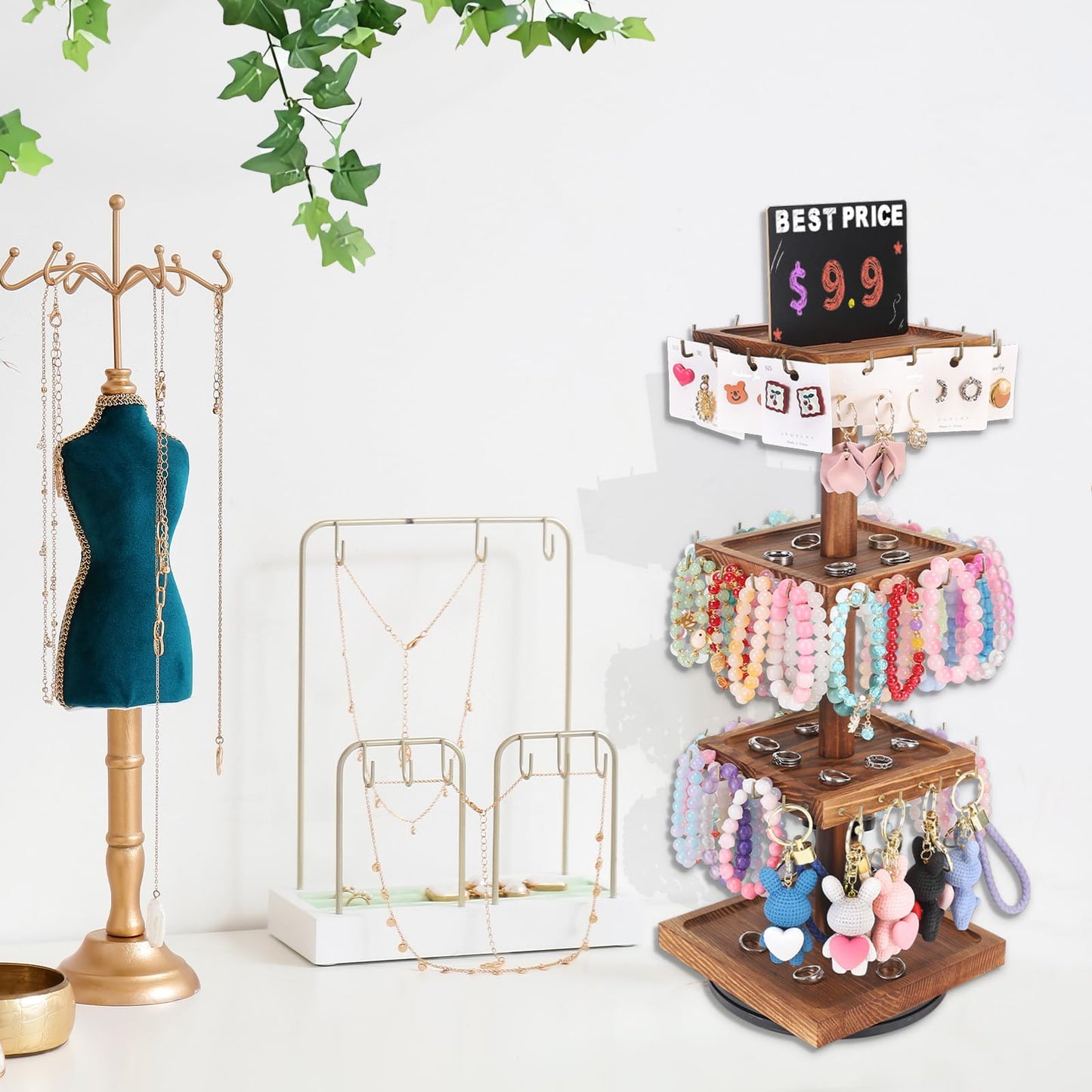 BDBDYEAY Bracelet Holder, 360° Rotating Jewelry Holder Organzier with Tray, Wooden Jewelry Tower with 48 Hooks, 4-Tier Large Capacity Jewelry Display Stand for Vendors Sell Bracelet Keychain Earring
