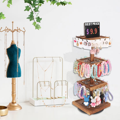 BDBDYEAY Bracelet Holder, 360° Rotating Jewelry Holder Organzier with Tray, Wooden Jewelry Tower with 48 Hooks, 4-Tier Large Capacity Jewelry Display Stand for Vendors Sell Bracelet Keychain Earring