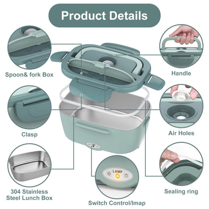 Electric Lunch Box Food Heater, 3 in 1 Ultra Quick Heated Lunch Boxes for Adults, 12V/24V/110V Portable Food Warmer for Car/Truck/Office With Fork Spoon and Insulated Carry Bag