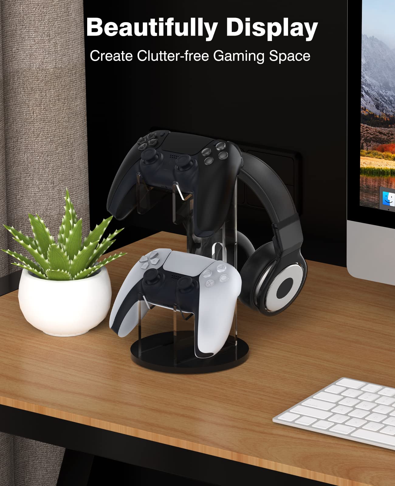 MoKo Universal Stand for Game Controller and Headset Stand, 2 in 1 Game Controller Support Holder Storage Organizer for Switch/Switch 2, ps5, ps4, Xbox One, Xbox Series, Gaming Accessorie, Black&Clear