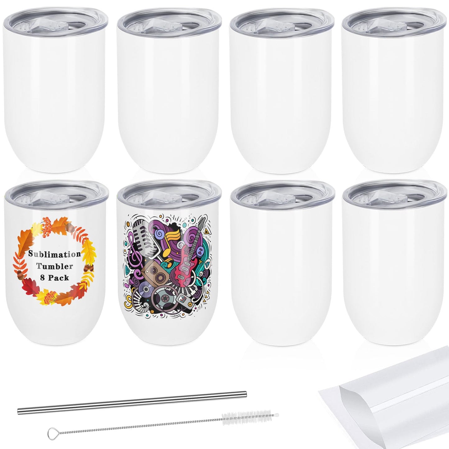 Draheri 12 Oz Sublimation Wine Tumblers Blanks Bulk, Stainless Steel Double Wall Insulated Sublimation Cups with Straw and Straw Brush, Individually Boxed (8 Pack)
