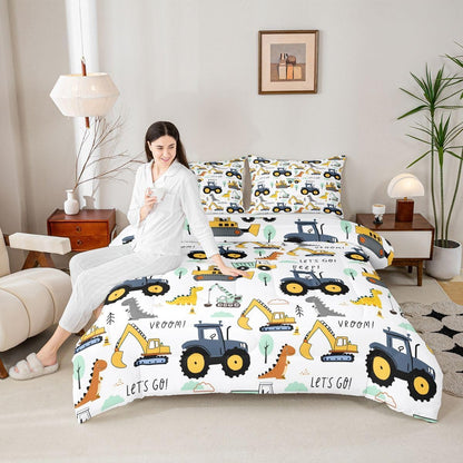 Set Set Kids Excavator Comforter Full, Cartoon Equipment Trucks Bedding for Boys Girls Children, Dinosaur Duvet Insert
