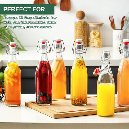 8 Set 16 OZ Swing Top Glass Bottles - Flip Top Beer Brewing Bottles with Stopper for Fermentation, Kombucha, Mead Kefir, Vanilla Extract, Juice, Tea, Wine, Soda - Airtight Cap Lids, Bonus 2 Pourers