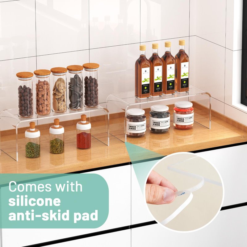 HTRYBNES 4 Packs Kitchen Cabinet Shelf Organizer, Acrylic Clear Shelf Riser, 5mm Thick Spice Rack for Dishes, Soda Cans and Cup（11.8 x 4.72 x 4.72 Inch）