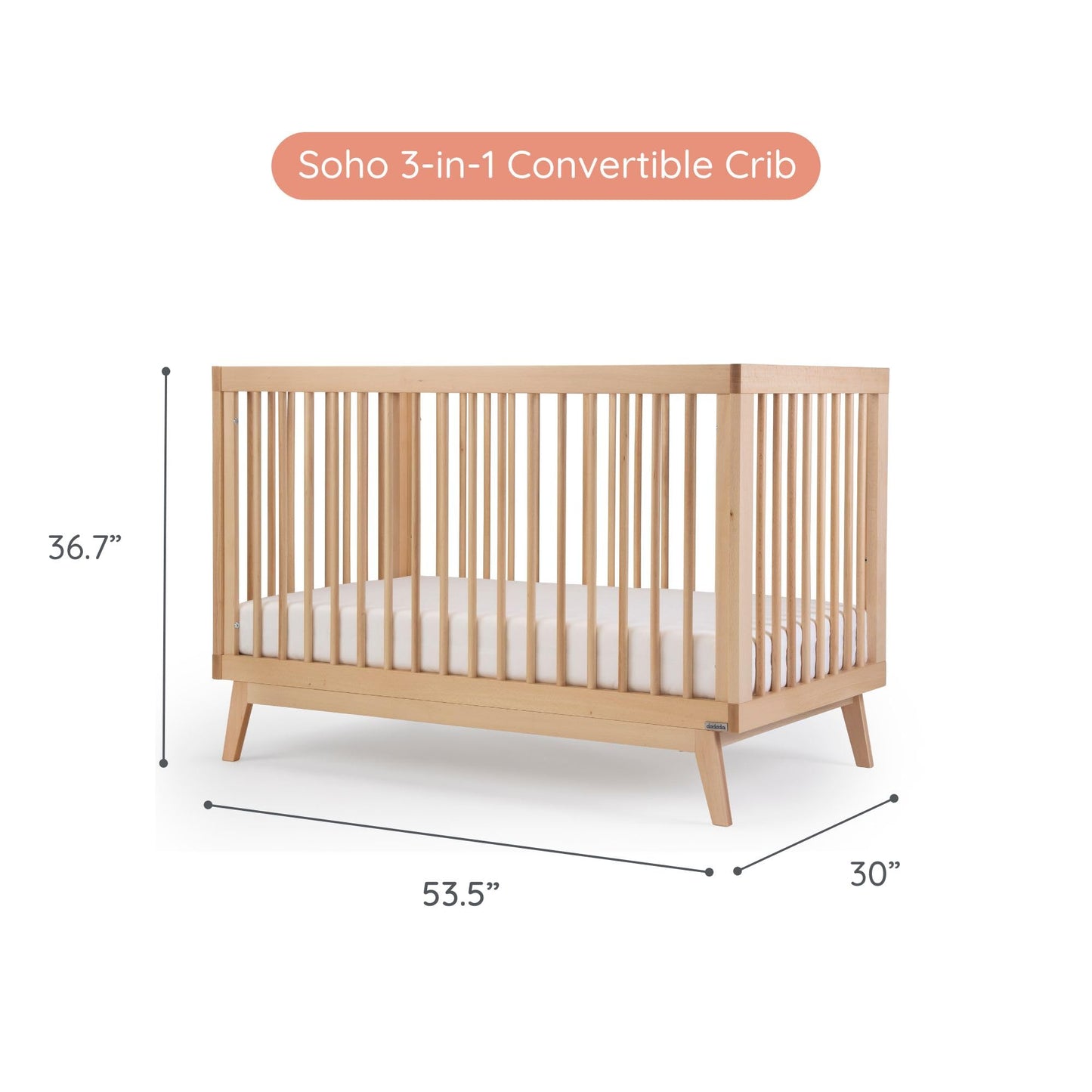 dadada Baby Soho 3-in-1 Convertible Wooden Crib to Toddler Bed - Made in Italy, GREENGUARD Gold Certified, Baby-Safe Finish, Handcrafted Beechwood, Modern Design, 3 Adjustable Heights (Natural)