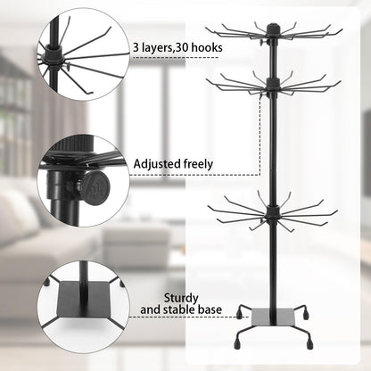 Kifmurase 3-Tier Rotating Display Stand, Matte Black Metal Jewelry Tree Stand with Hooks, Adjustable Height Retail Display Rack for Vendor Events, Craft Shows (28" H, 11.8" Dia)