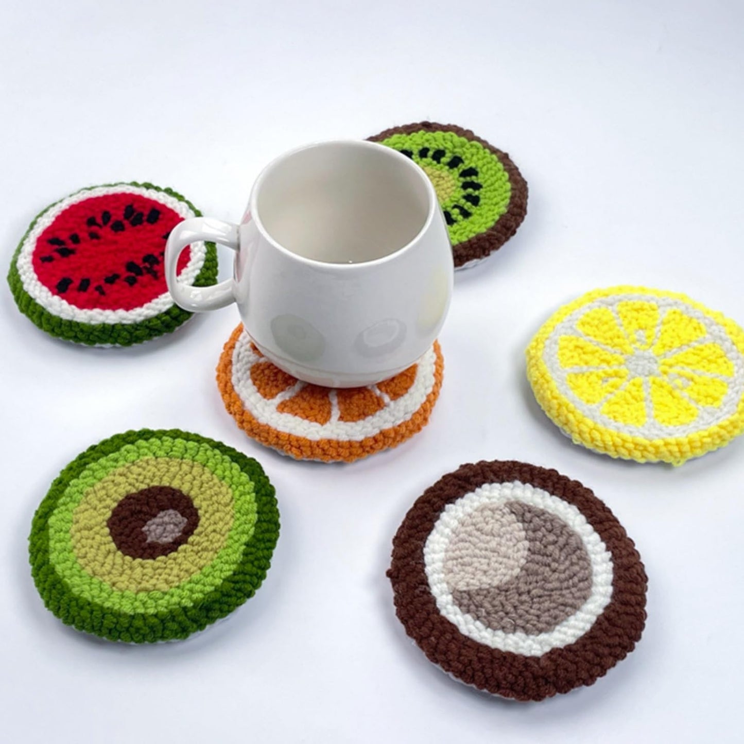 Avtytsda 6PCS Punch Needle Coaster Kit,Easy Punch Needle DIY Embroidery Set with Tools, Yarns, Hoop, Instructions Easy for Beginners, Kids, Adults, Handmade Gift and Decoration (Fruit)