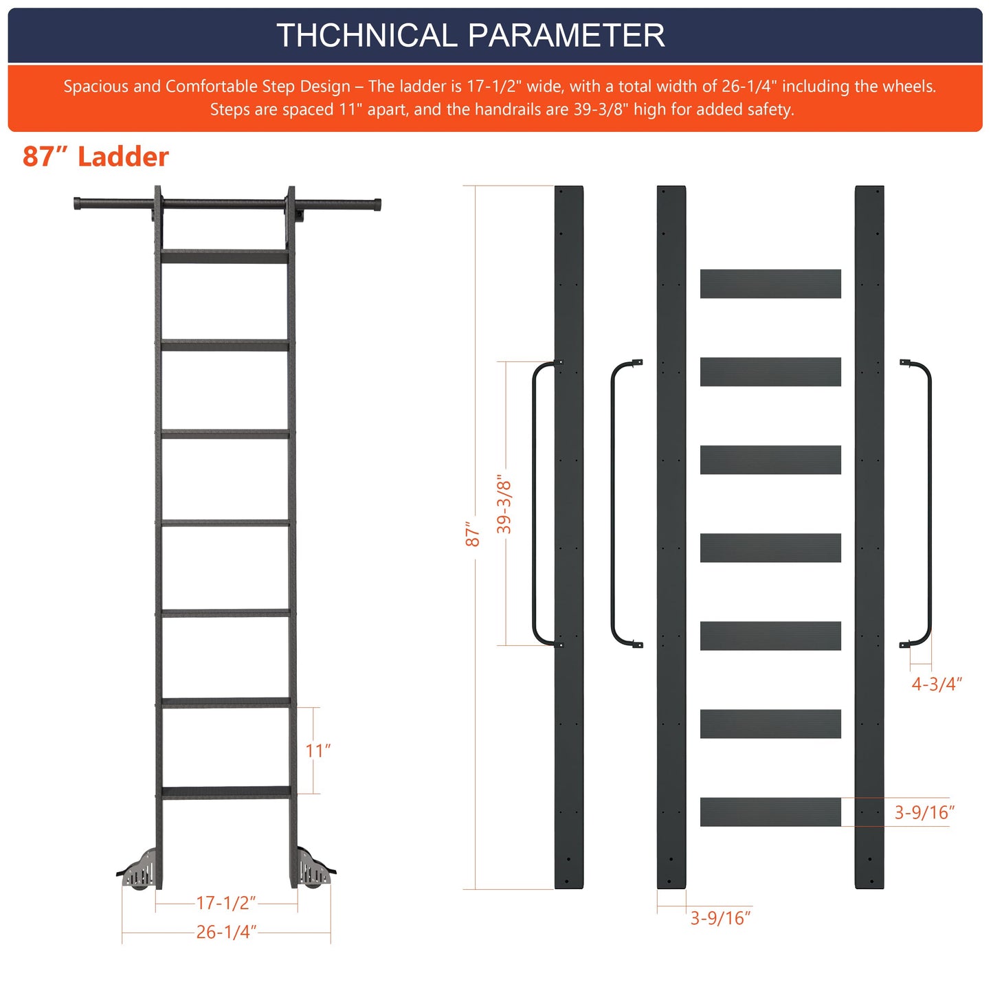 HARDJULAN 87" Telescopic Sliding Library Ladder with Handrail – Lightweight Aluminum Rolling Ladder with Braking Wheels, 3.3FT Hook Ladder Track Kit for Home, Loft, and Bookshelves