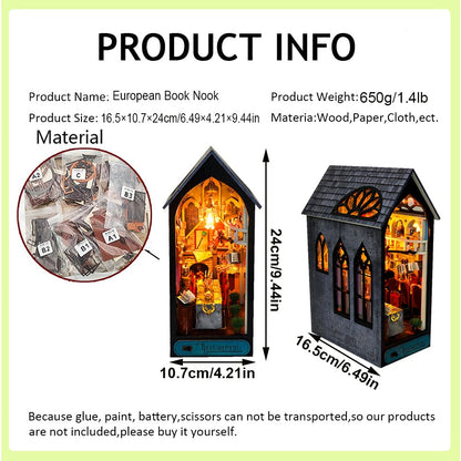 DIY Miniature House Kit, European Style Book Nook Kit, Illusion Mirror Design Miniature Dollhouse Kit, Booknook Bookshelf Desktop Decor Model Build Creativity Gift for Women and Adults