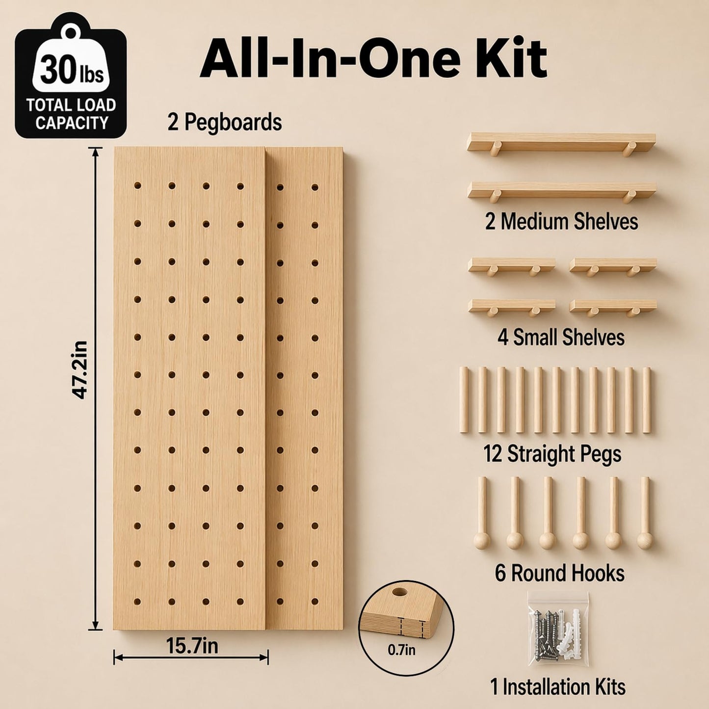 Lumiterra Large Wood Pegboard Wall Organizer - Heavy Duty 2-Panel Wooden Peg Board Kit with Shelves & Accessories, Modular Wall Storage Display for Craft Room, Office, Bedroom