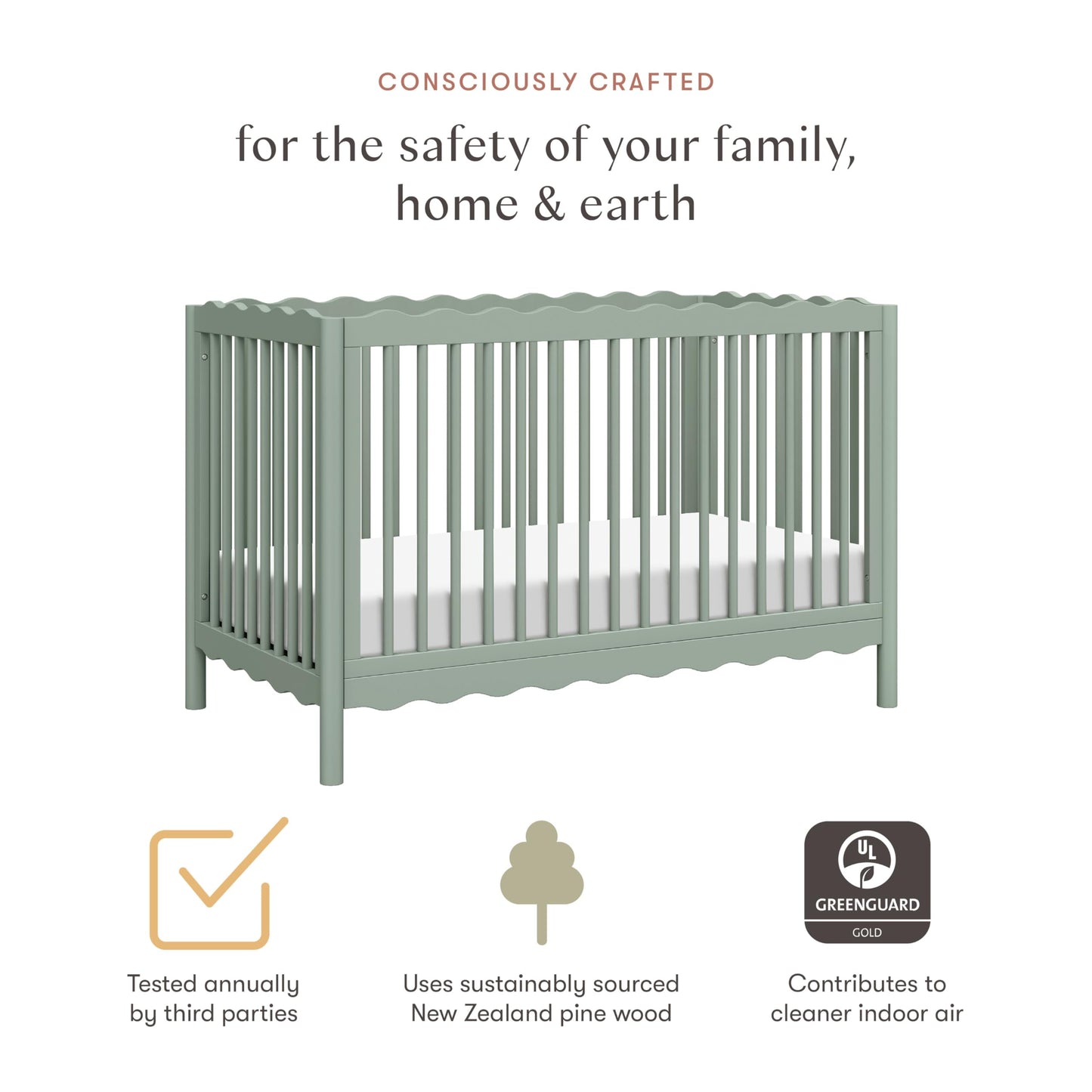 Babyletto Swell 4-in-1 Convertible Crib with Toddler Bed Conversion Kit in Light Sage, Greenguard Gold Certified, Made of 100% Solid Wood