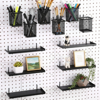Tosstuki 12 Pack Pegboard Organizer Accessories - 6 Pegboard Cups Pencil Holder Peg Board - 6 Shelves Metal Shelf Brackets - Tools Storage Arrange System Kit for Office Garage Room